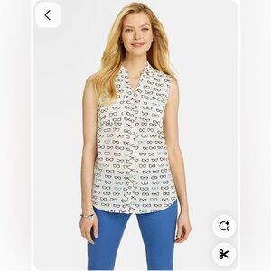 Talbots White Sleeveless Blouse with Black Glasses Print